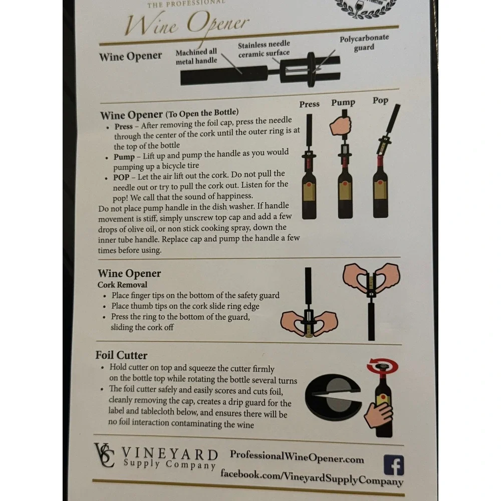 Vineyard Supply Co Professional Wine Opener Set‎ Air Pump Foil Cutter Aerator